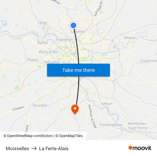 Moisselles to La Ferte-Alais map