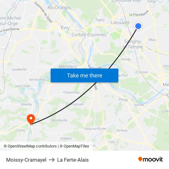 Moissy-Cramayel to La Ferte-Alais map