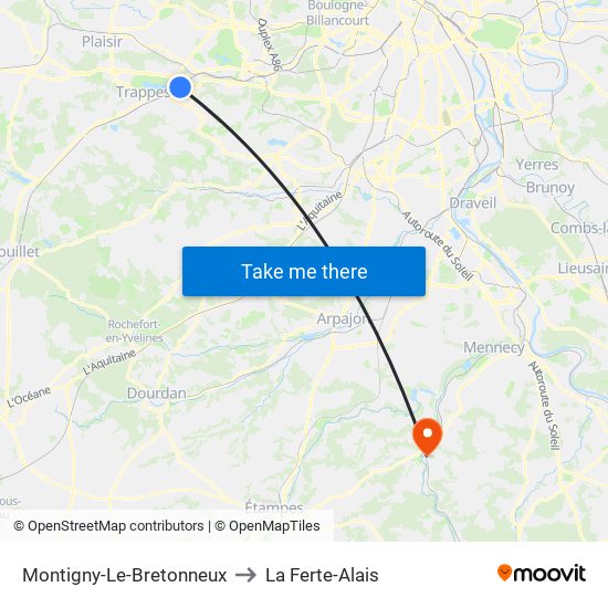 Montigny-Le-Bretonneux to La Ferte-Alais map