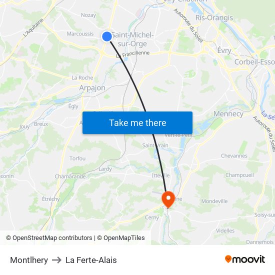 Montlhery to La Ferte-Alais map