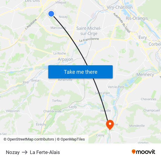 Nozay to La Ferte-Alais map