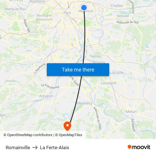 Romainville to La Ferte-Alais map