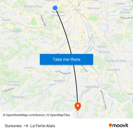 Suresnes to La Ferte-Alais map