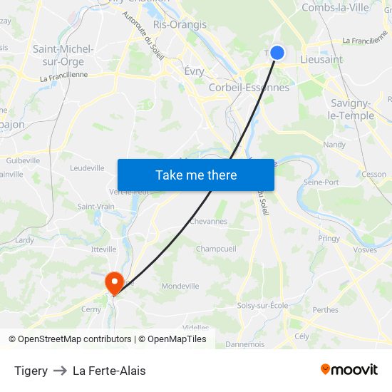 Tigery to La Ferte-Alais map