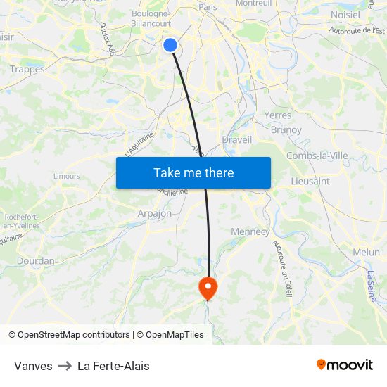 Vanves to La Ferte-Alais map
