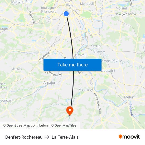 Denfert-Rochereau to La Ferte-Alais map