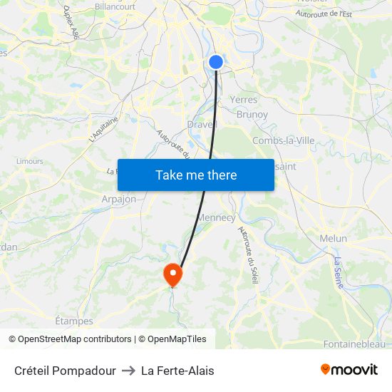 Créteil Pompadour to La Ferte-Alais map