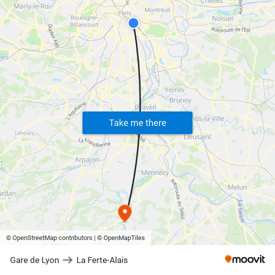 Gare de Lyon to La Ferte-Alais map
