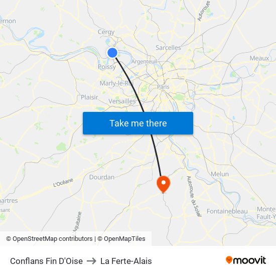 Conflans Fin D'Oise to La Ferte-Alais map