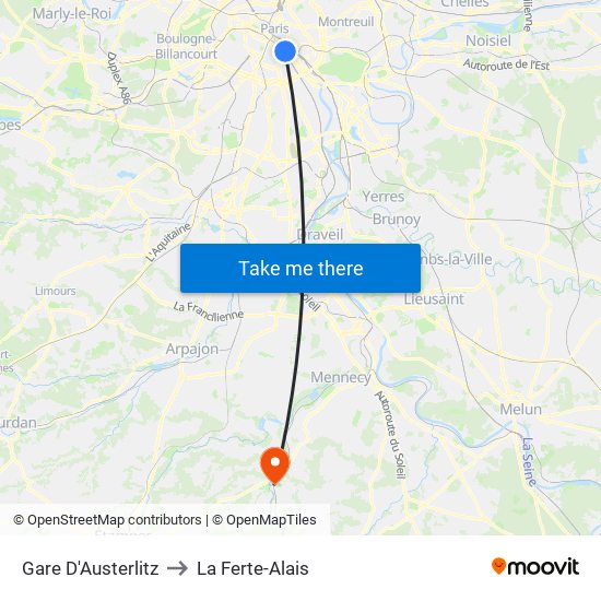 Gare D'Austerlitz to La Ferte-Alais map