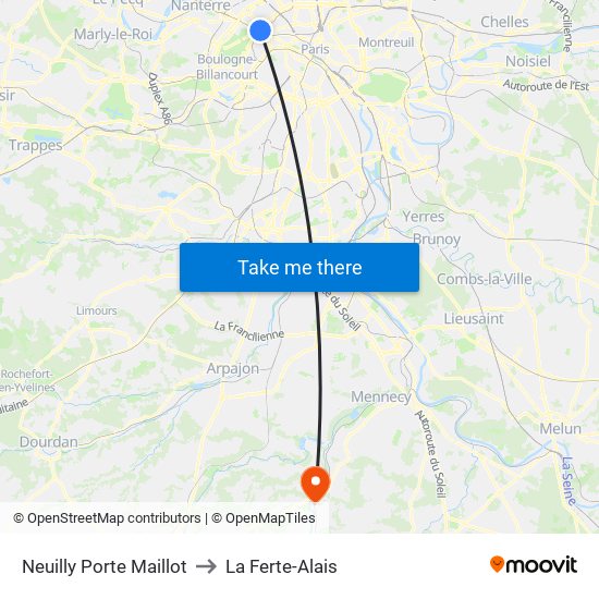 Neuilly Porte Maillot to La Ferte-Alais map