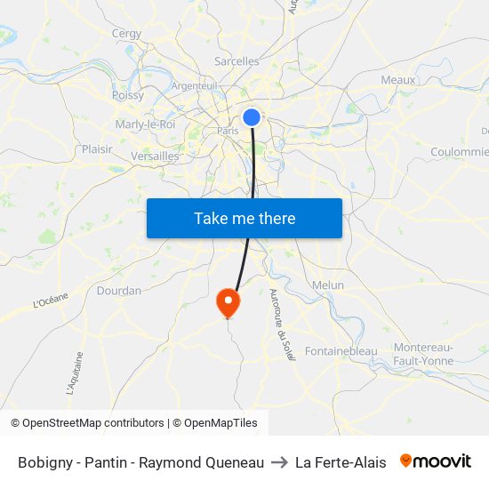 Bobigny - Pantin - Raymond Queneau to La Ferte-Alais map