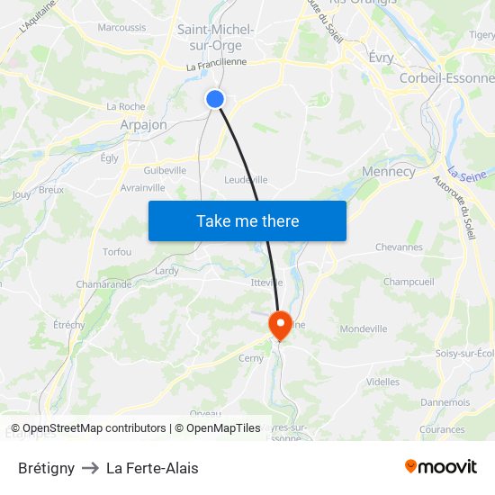 Brétigny to La Ferte-Alais map