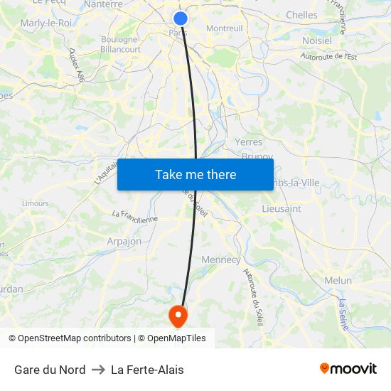 Gare du Nord to La Ferte-Alais map