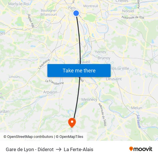 Gare de Lyon - Diderot to La Ferte-Alais map