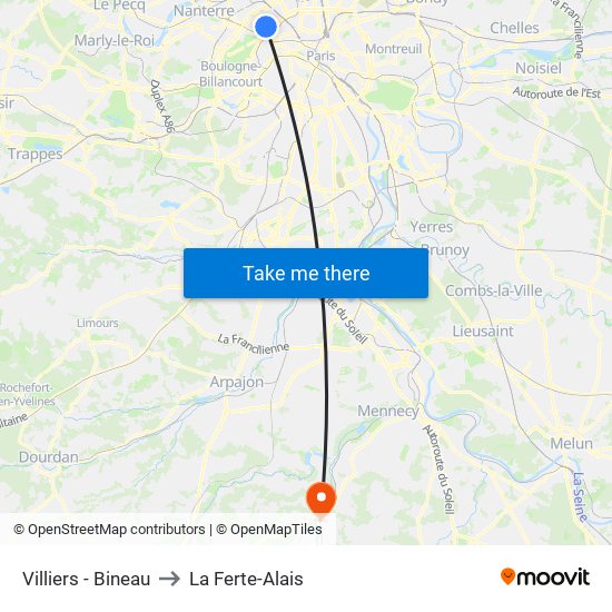 Villiers - Bineau to La Ferte-Alais map