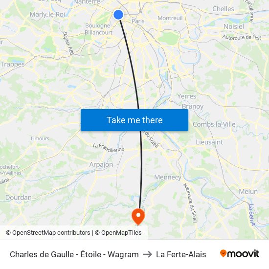 Charles de Gaulle - Étoile - Wagram to La Ferte-Alais map