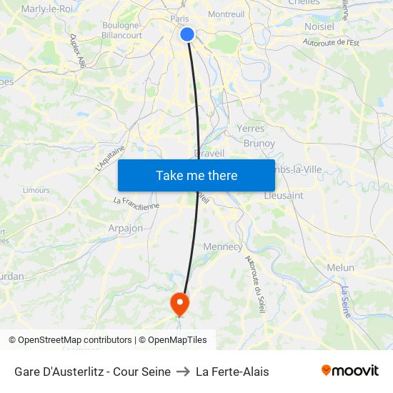 Gare D'Austerlitz - Cour Seine to La Ferte-Alais map