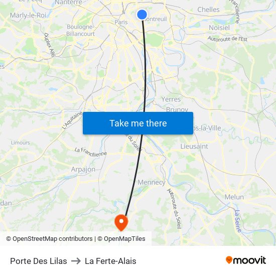 Porte Des Lilas to La Ferte-Alais map