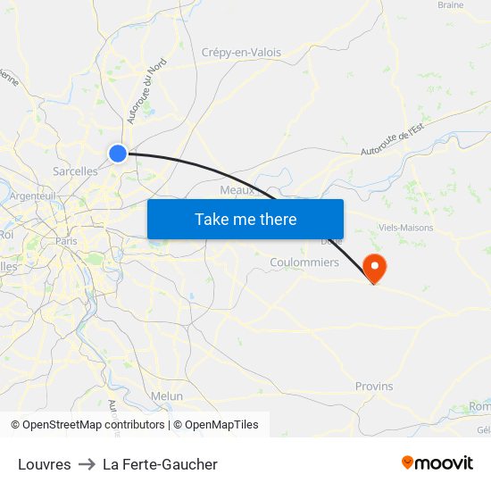 Louvres to La Ferte-Gaucher map