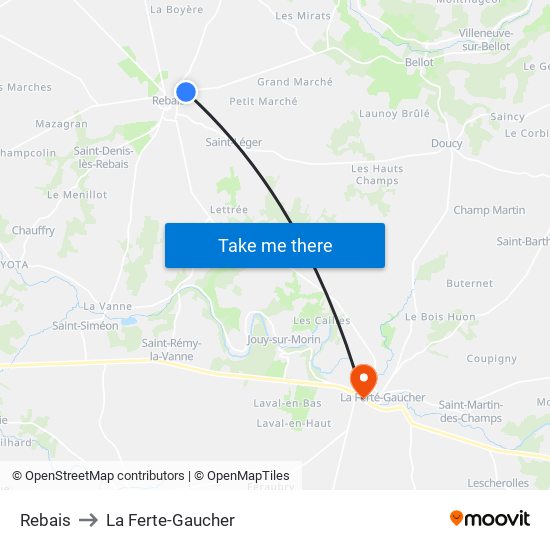 Rebais to La Ferte-Gaucher map