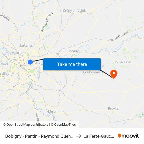 Bobigny - Pantin - Raymond Queneau to La Ferte-Gaucher map