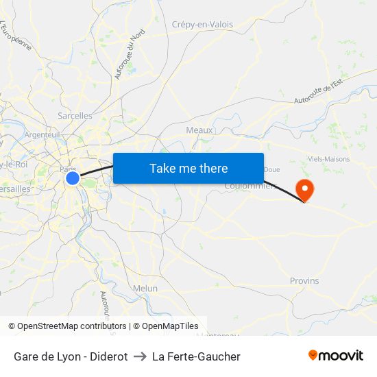 Gare de Lyon - Diderot to La Ferte-Gaucher map