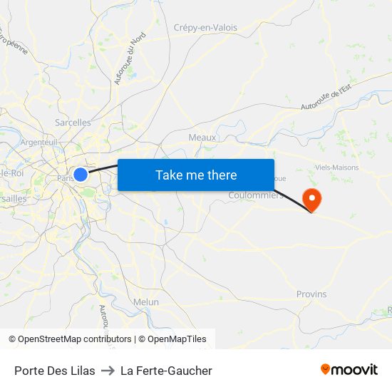 Porte Des Lilas to La Ferte-Gaucher map