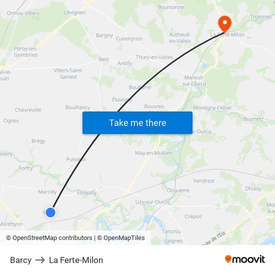 Barcy to La Ferte-Milon map