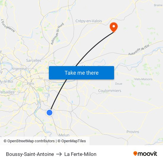 Boussy-Saint-Antoine to La Ferte-Milon map