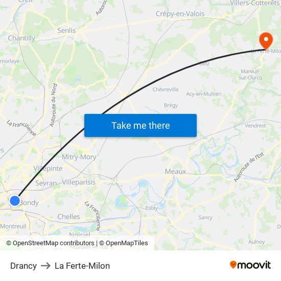 Drancy to La Ferte-Milon map