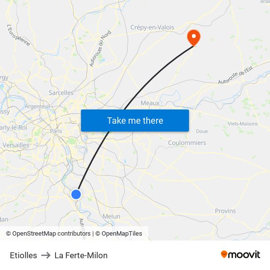 Etiolles to La Ferte-Milon map