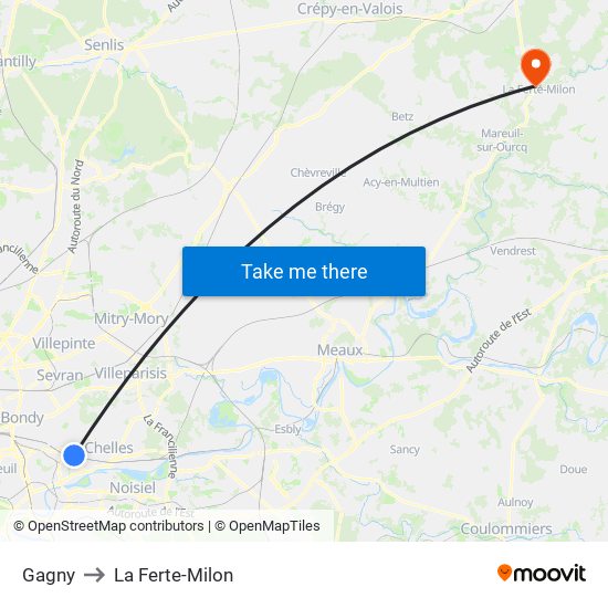Gagny to La Ferte-Milon map