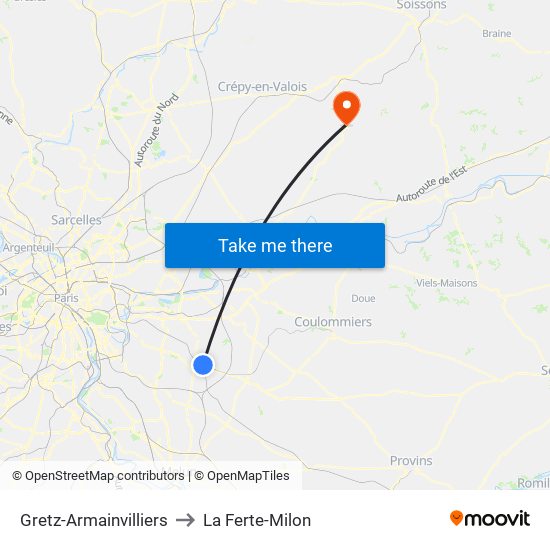 Gretz-Armainvilliers to La Ferte-Milon map