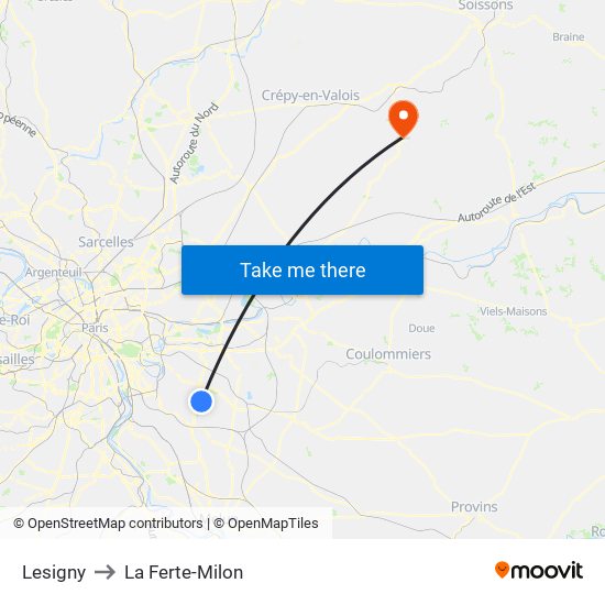Lesigny to La Ferte-Milon map