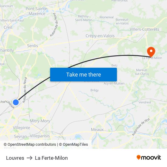 Louvres to La Ferte-Milon map