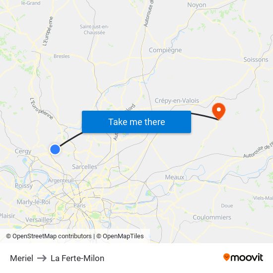 Meriel to La Ferte-Milon map