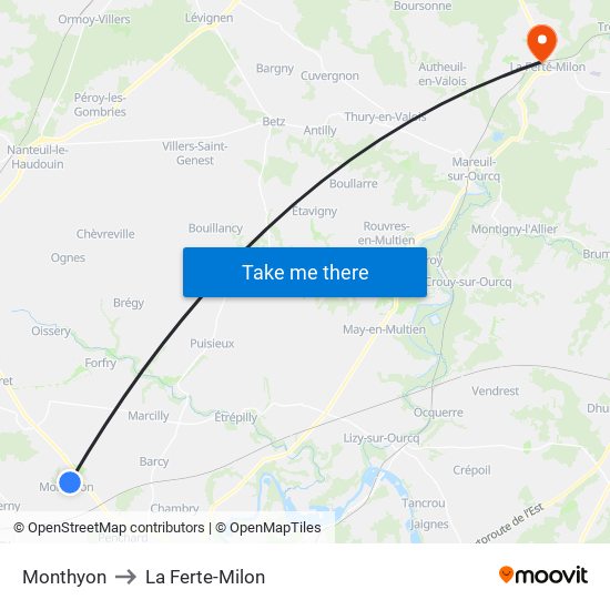 Monthyon to La Ferte-Milon map