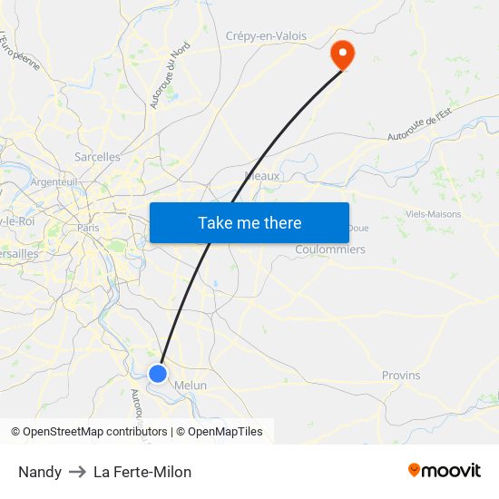 Nandy to La Ferte-Milon map