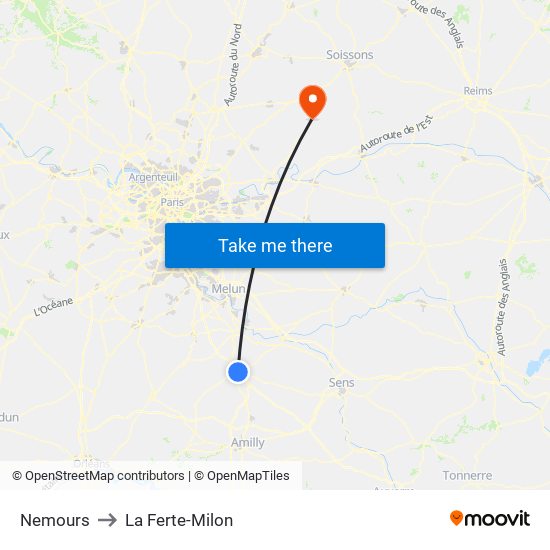 Nemours to La Ferte-Milon map