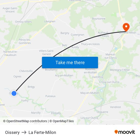 Oissery to La Ferte-Milon map