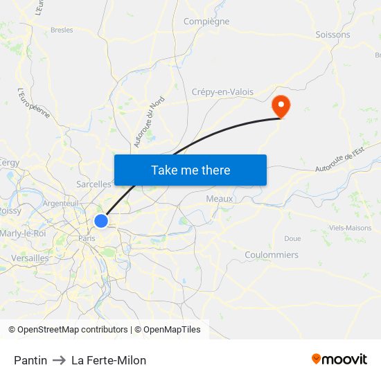 Pantin to La Ferte-Milon map