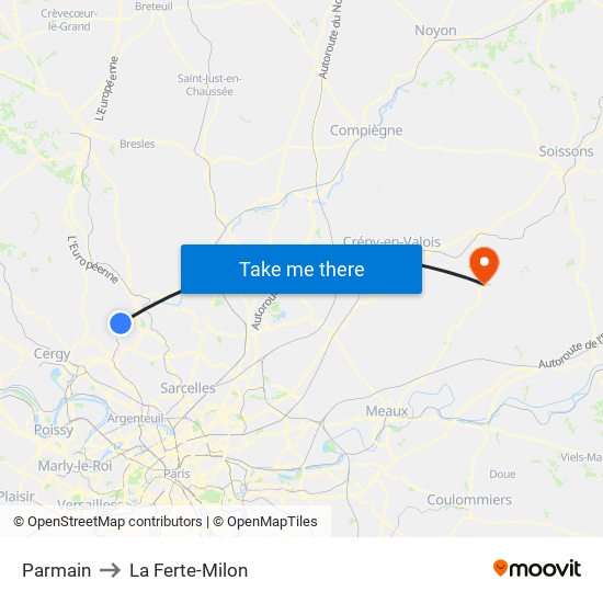 Parmain to La Ferte-Milon map