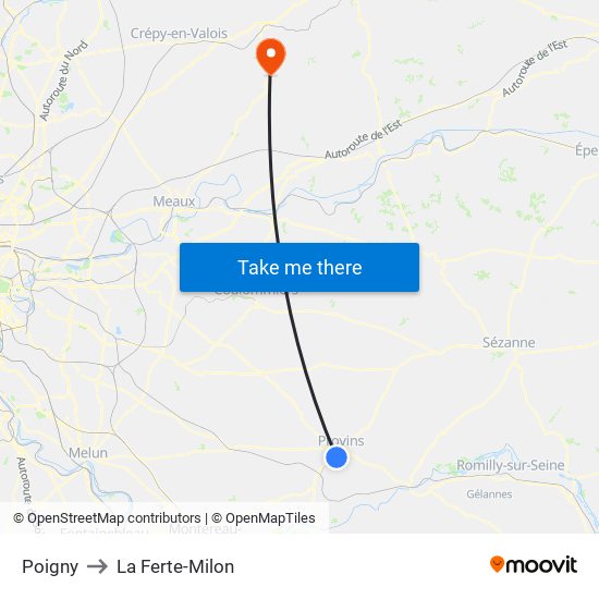 Poigny to La Ferte-Milon map