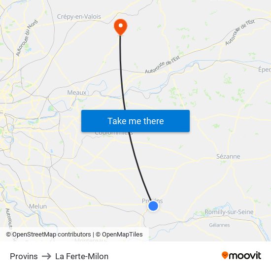 Provins to La Ferte-Milon map