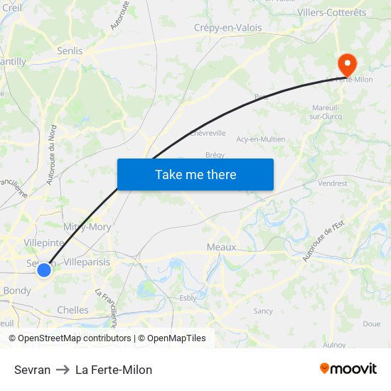 Sevran to La Ferte-Milon map