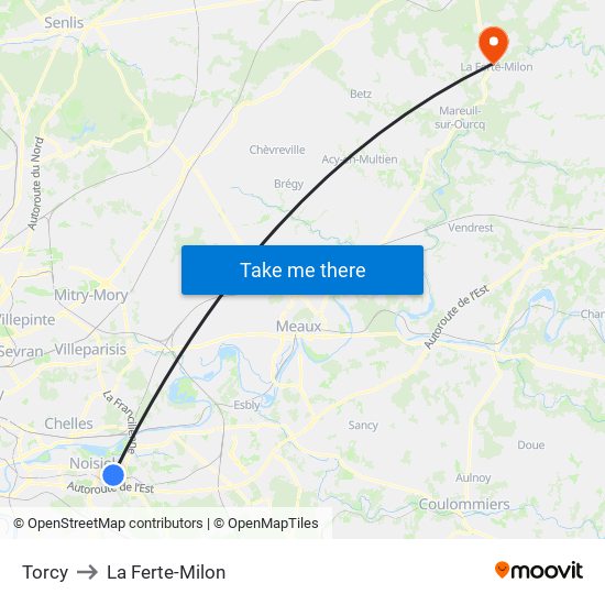 Torcy to La Ferte-Milon map