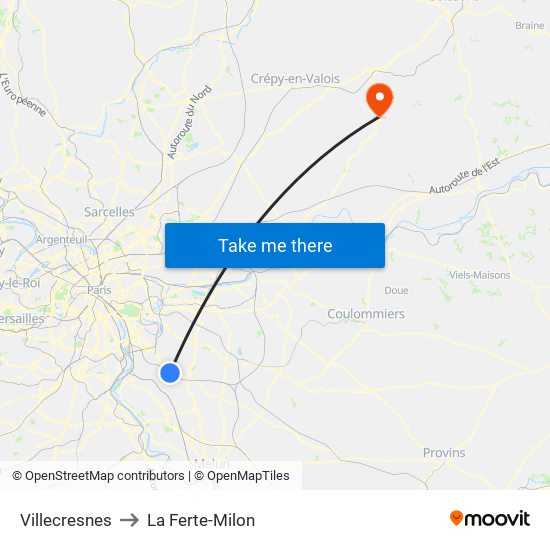 Villecresnes to La Ferte-Milon map