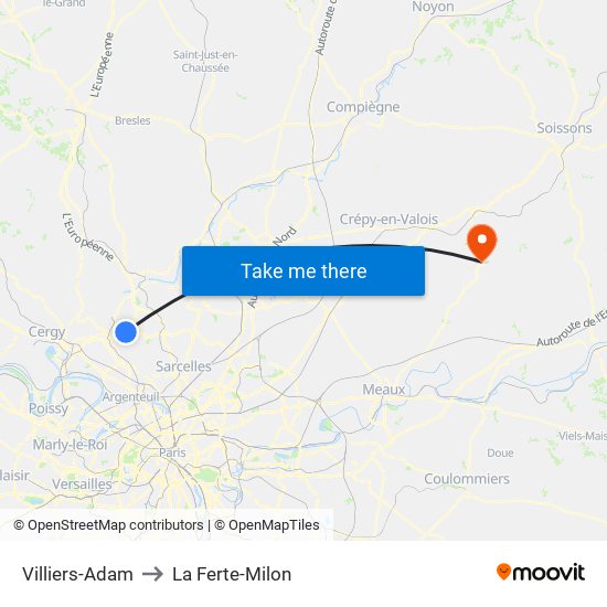 Villiers-Adam to La Ferte-Milon map