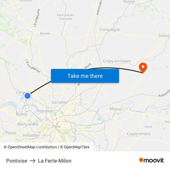 Pontoise to La Ferte-Milon map